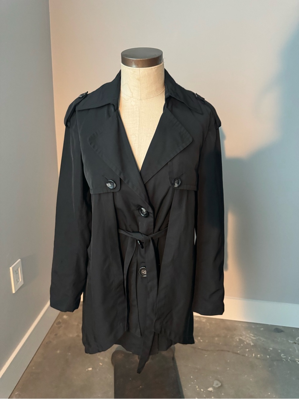 Kensie Black Double-Breasted Trench Coat with Waist Tie